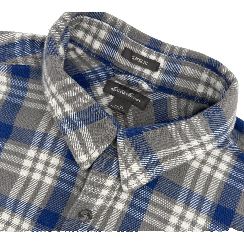 Eddie Bauer Men's TL Heavyweight Flannel Shirt Classic Fit Blue Gray Plaid Lions
